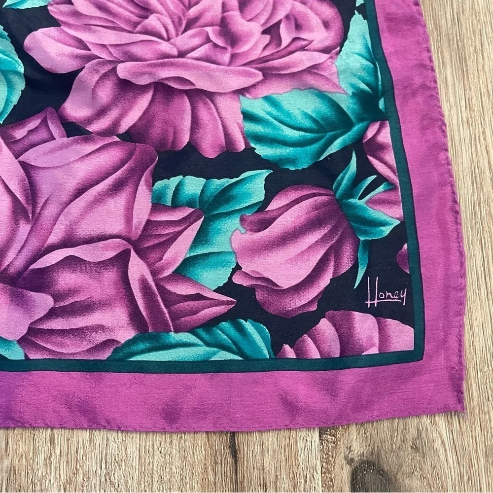 Vtg Honey 100% Silk Square Scarf Purple Green Floral Accesories Head Wrap 31